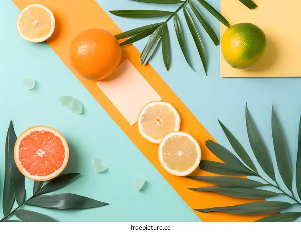 Summer Citrus Fruits Flat Lay Photography on Colorful Background