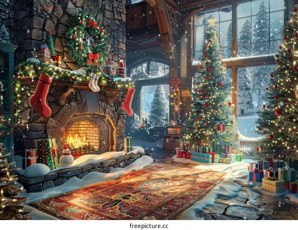 Cozy Christmas Living Room with Decorated Tree & Fireplace