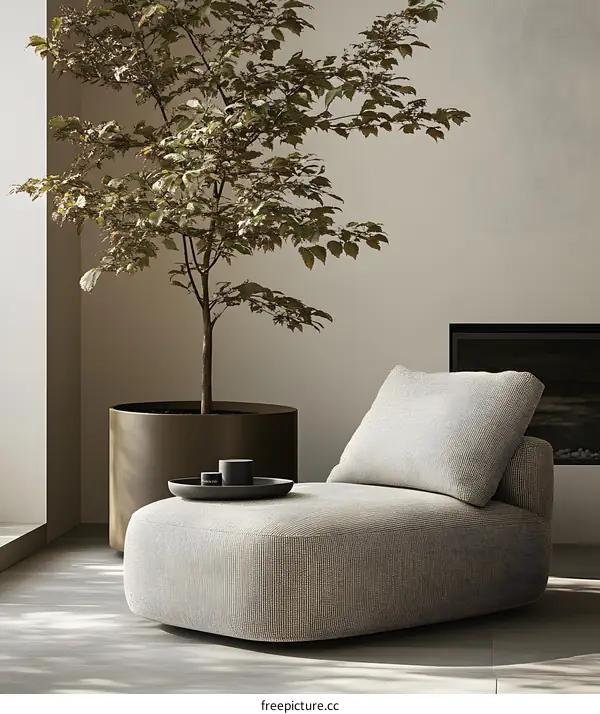 Modern Minimalist Living Room Interior Design with a Plant and a Lounge Chair