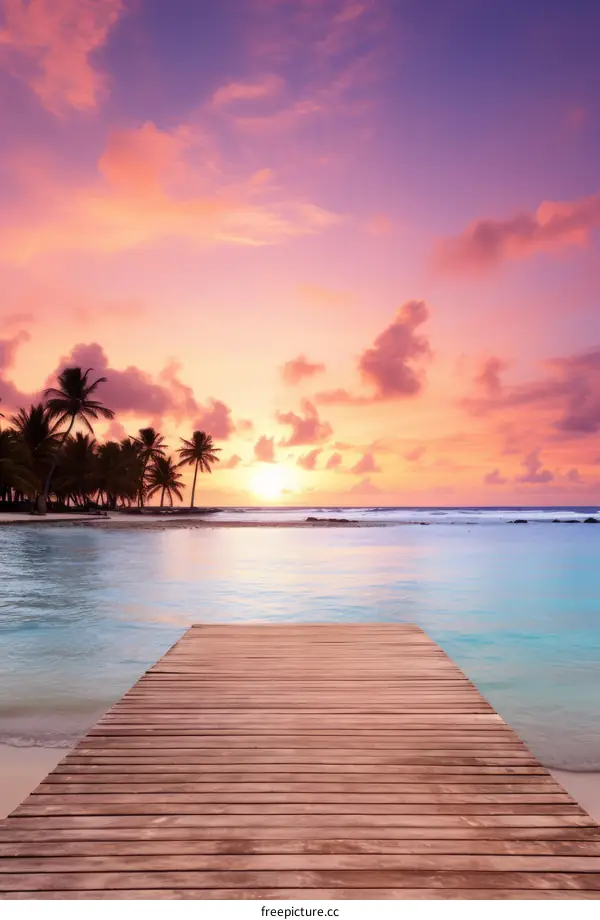 Wooden dock leading out into a tropical ocean at sunset
