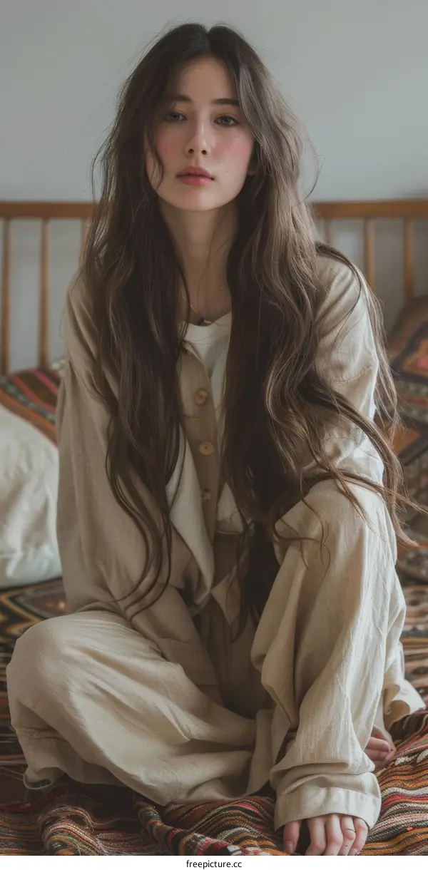 A beautiful young woman with long brown hair sitting on a bed