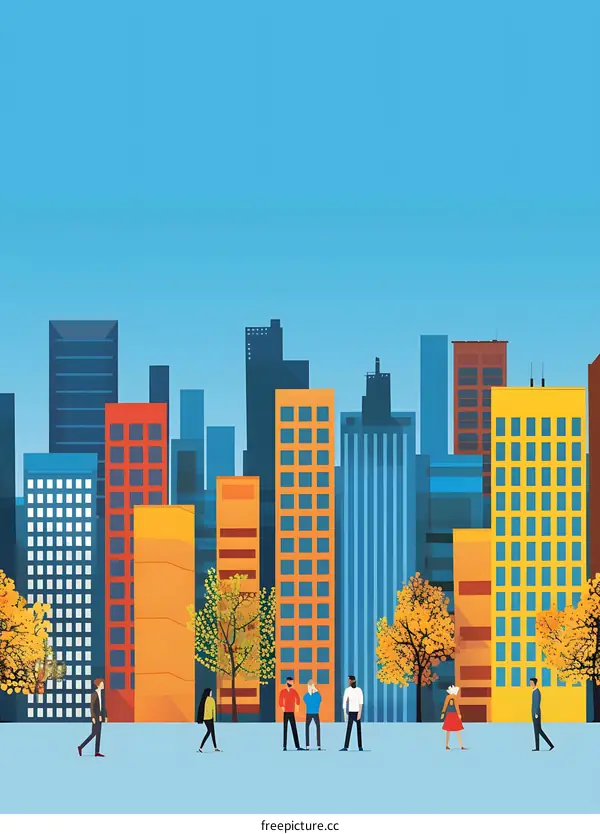 Cityscape with People Walking in Front of Buildings