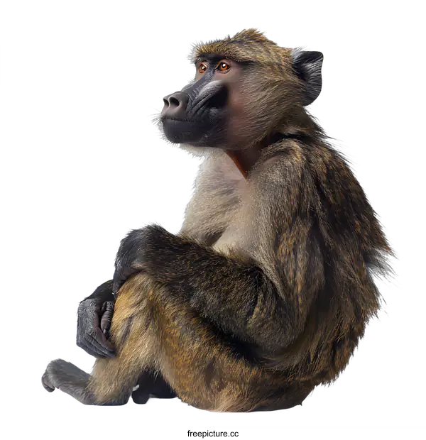 [Transparent Background PNG]Contemplative Baboon Posing on White Background