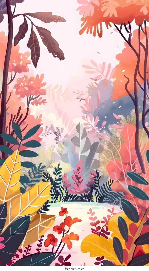 Colorful Illustrated Forest Background With Pink, Orange, And Yellow Leaves