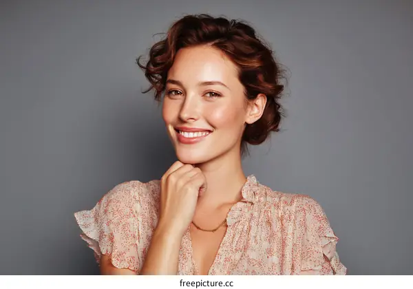 Smiling Woman in Light Peach Dress Against Gray Background