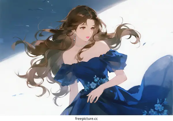 Elegant Woman in Blue Dress with Flowing Hair