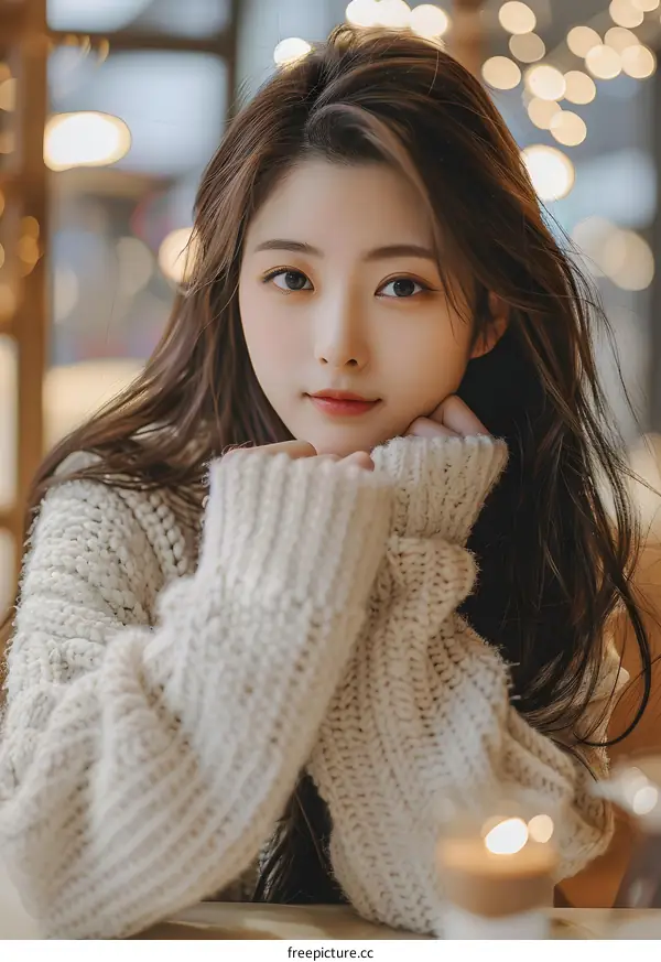 Young Asian Woman in White Knit Sweater Looking at Camera