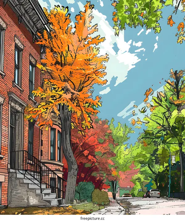 Fall Foliage in a City Street Illustration