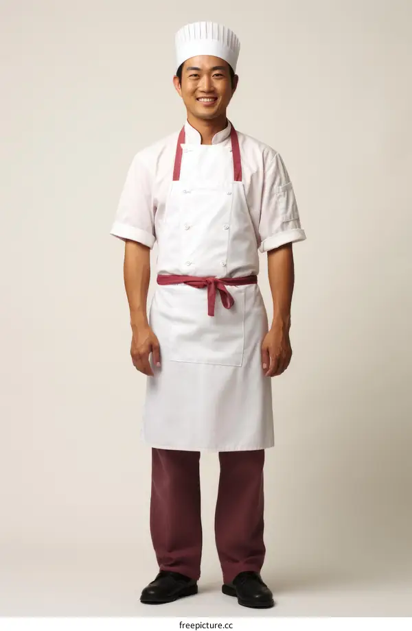 Asian chef wearing white uniform and apron