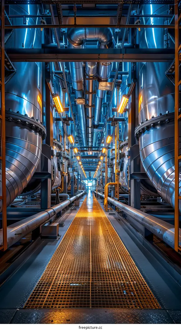 The innards of a modern industrial building with a long walkway and pipes