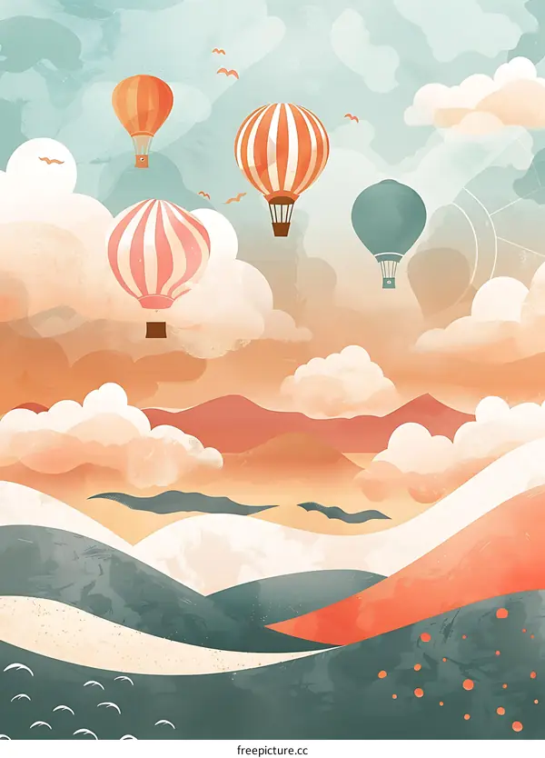 Hot Air Balloons Flying Over Mountains Landscape Illustration