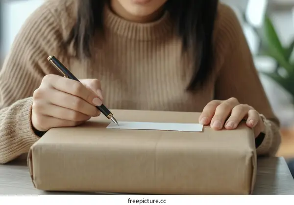 Woman Writing on a Cardboard Box