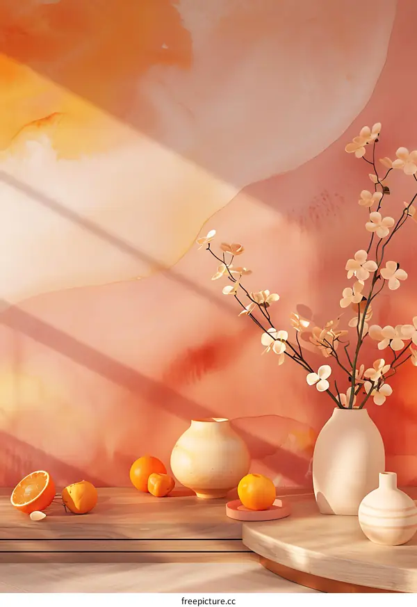 Orange and Flowers Still Life with Watercolor Background