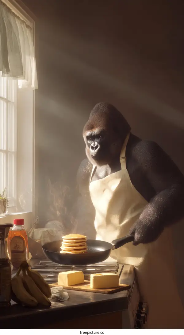 Gorilla Chef Cooking Pancakes in a Cozy Kitchen