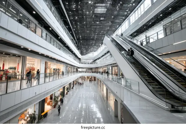 Modern Shopping Mall Interior with Escalators