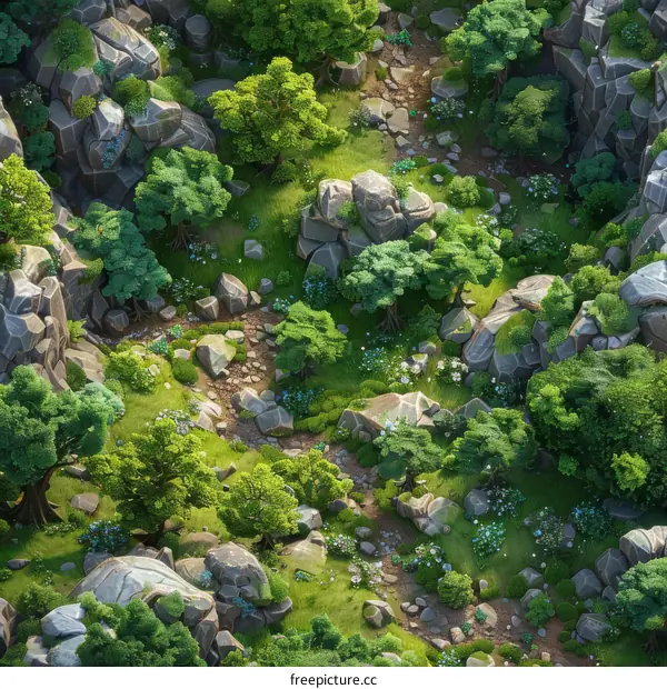 Forest with Rocks and Trees From Above