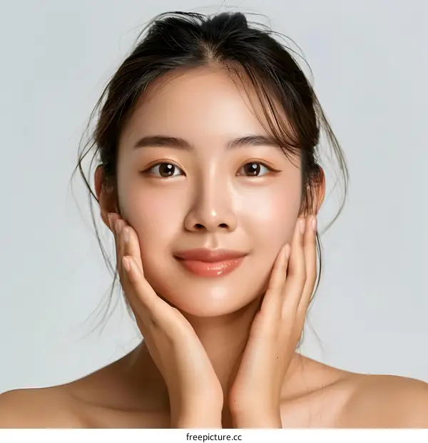 Beautiful Woman with Clean Skin Posing in Front of a White Background