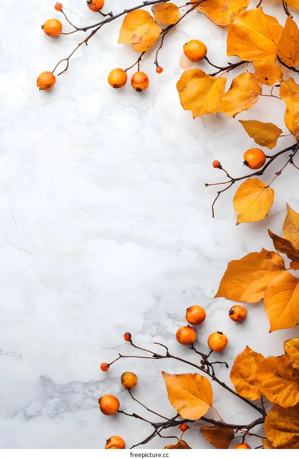 Autumn Leaves and Berries on Marble Background