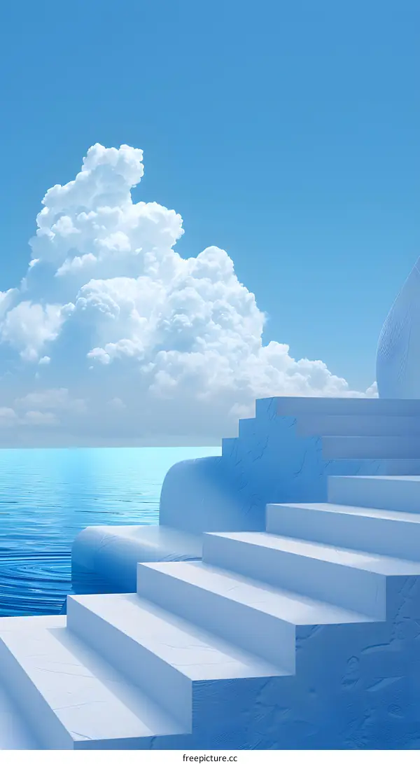 3D rendering of a staircase leading up to a cloudy sky