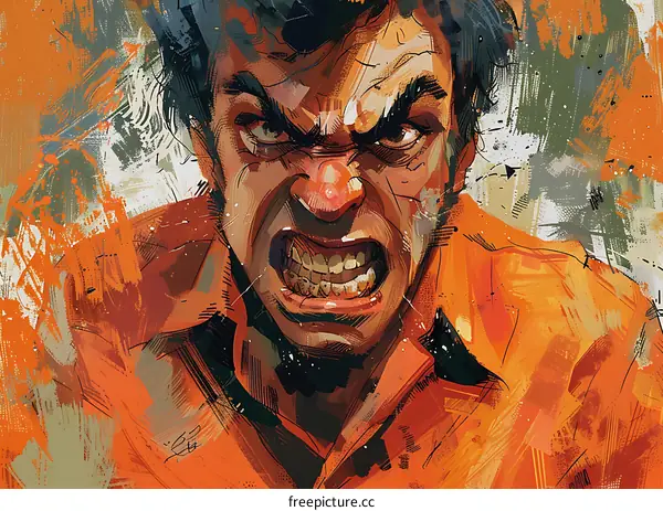 A digital painting of a mans face. The man is depicted with a furrowed brow, gritted teeth, and an open mouth. He is wearing an orange jumpsuit.