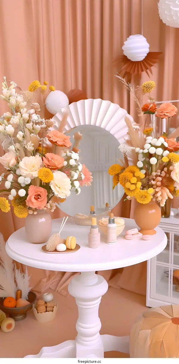 White Table with Yellow Flowers and Mirror Decorated with Paper Lanterns in a Peach Room
