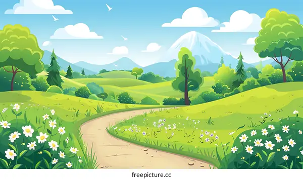 Beautiful Summer Landscape Illustration With Mountain, Trees and Winding Road