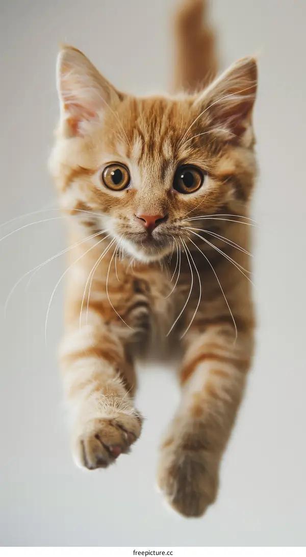 A ginger kitten is jumping in mid-air