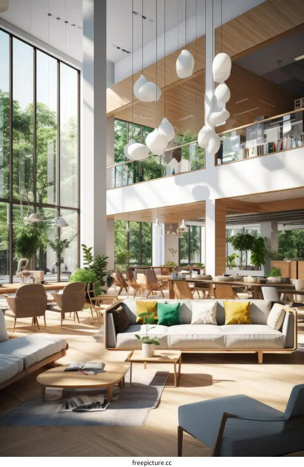 The interior space design of the office is simple and stylish, with plenty of natural light