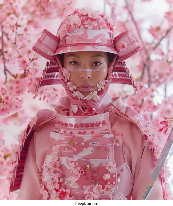 A woman wearing a pink samurai armor stands in a field of cherry blossoms.