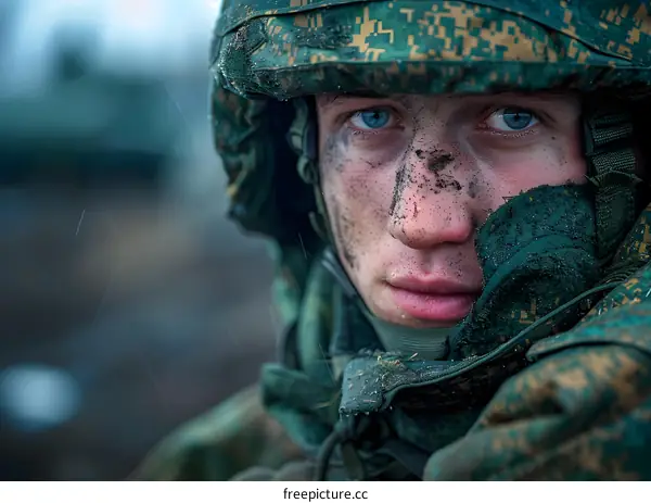 Portrait of a young soldier in the rain