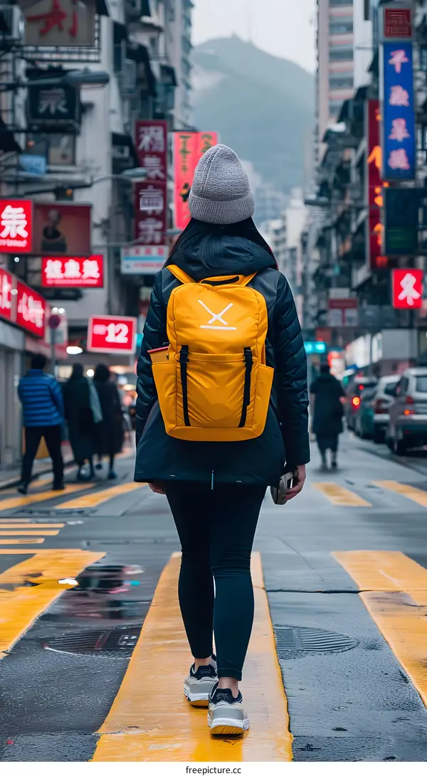 Woman Walking in a Busy City Street with Yellow Backpack