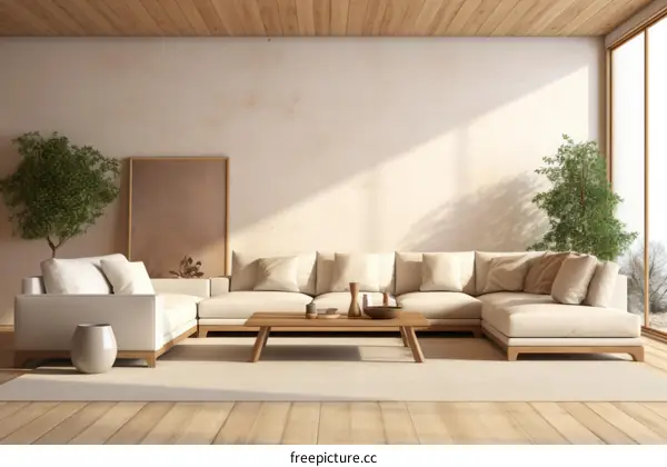 Airy and bright living room with large windows and a comfortable sofa
