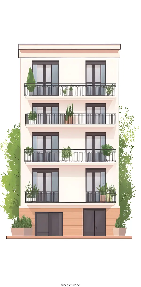 Modern Apartment Building Illustration with Balconies and Greenery