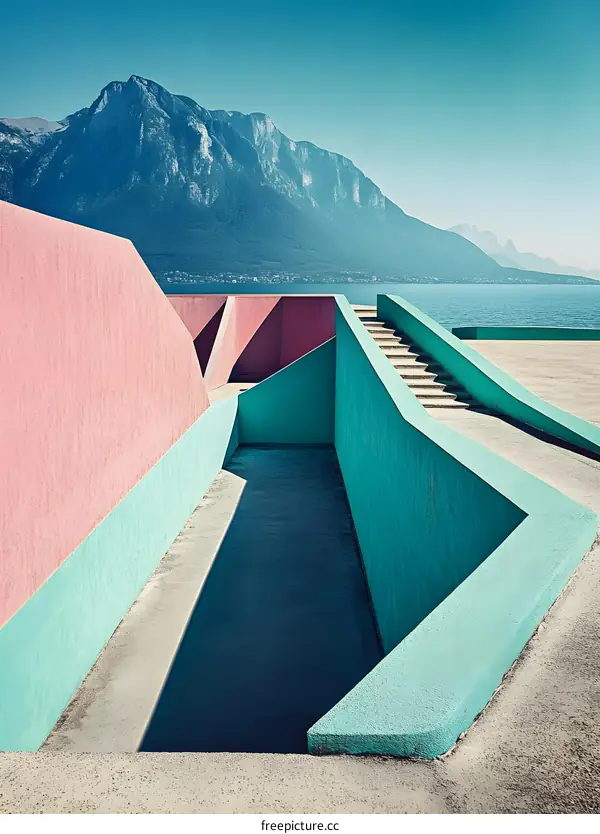 Abstract Minimalist Architecture with Mountain and Lake in the Background