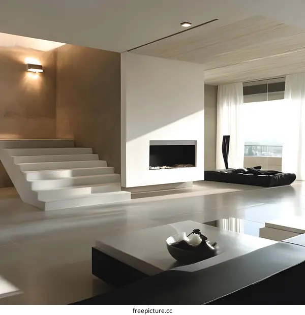 Modern Minimalist Living Room Interior Design With White Stairs