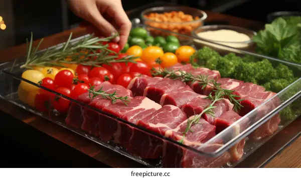 Raw steaks and vegetables