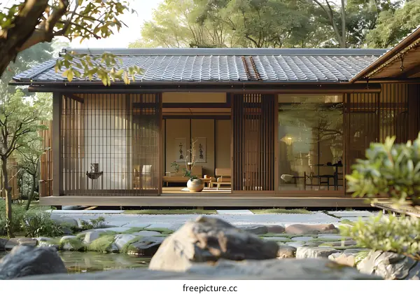 Japanese Style House With Wooden Sliding Doors And A Stone Garden