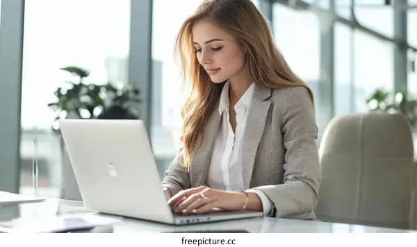 Business Woman Working on Laptop in Modern Office