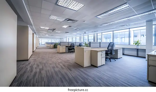 Modern Office Space with Large Windows and Grey Carpet