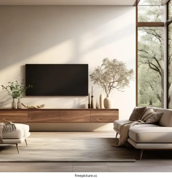 Bright living room interior with large windows and a tv