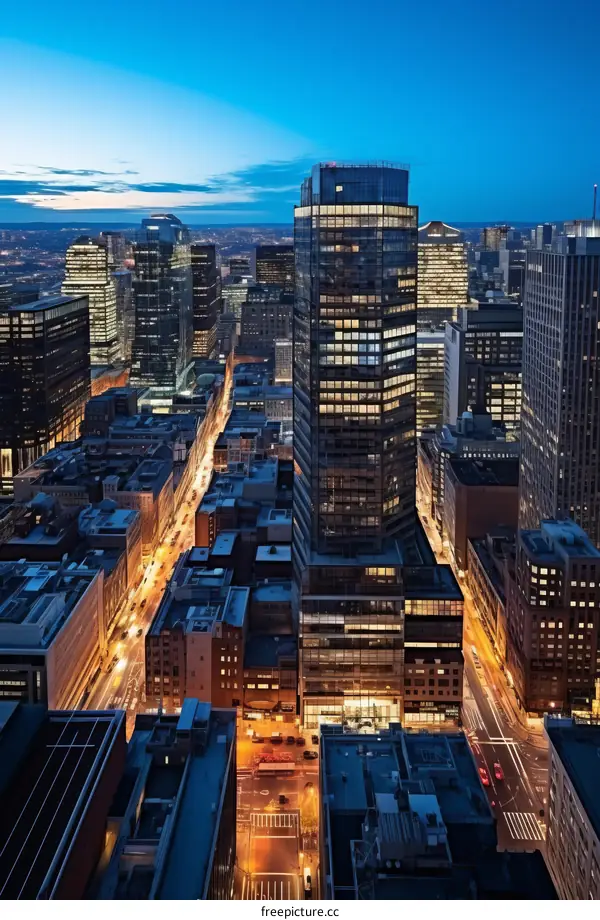 A bird's eye view of Montreal's downtown skyscrapers at night