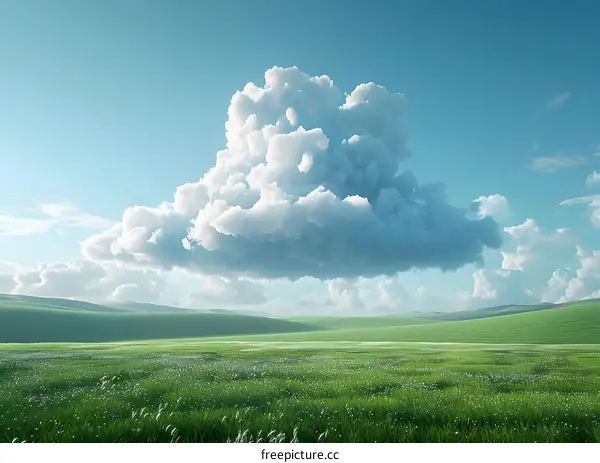 Fluffy white clouds over a green grassy field
