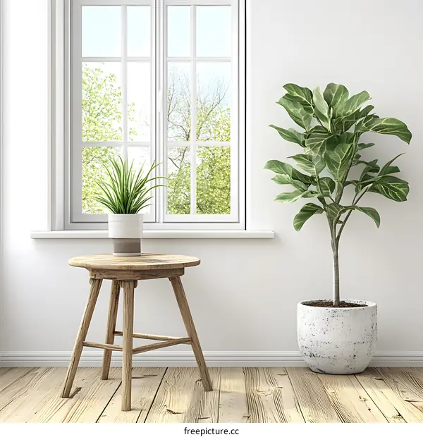 White Wall Interior Design with Plants and Wooden Stool