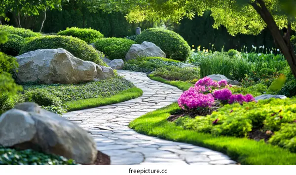Peaceful Garden Path Winding Through Lush Greenery
