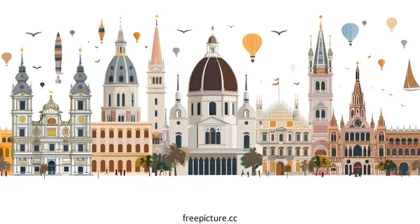 Colorful Illustration of European City Skyline with Hot Air Balloons