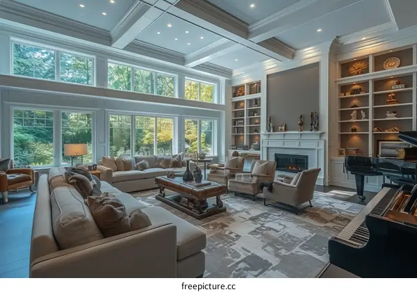 Bright and Airy Living Room with Fireplace and Piano