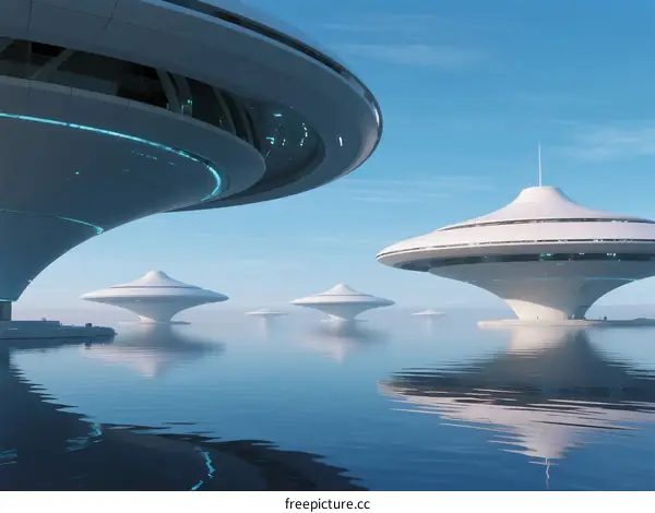 Futuristic Floating Disc-shaped Buildings in Calm Water