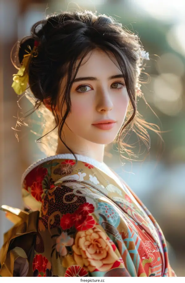 Portrait of a beautiful Japanese woman in traditional kimono