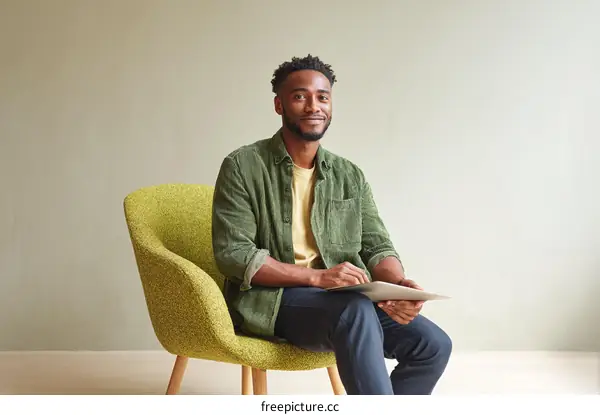 African American Man Sitting in a Chair with a Tablet