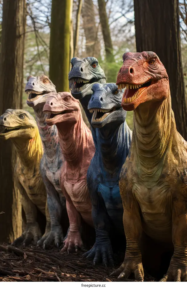 A group of dinosaurs standing in a forest